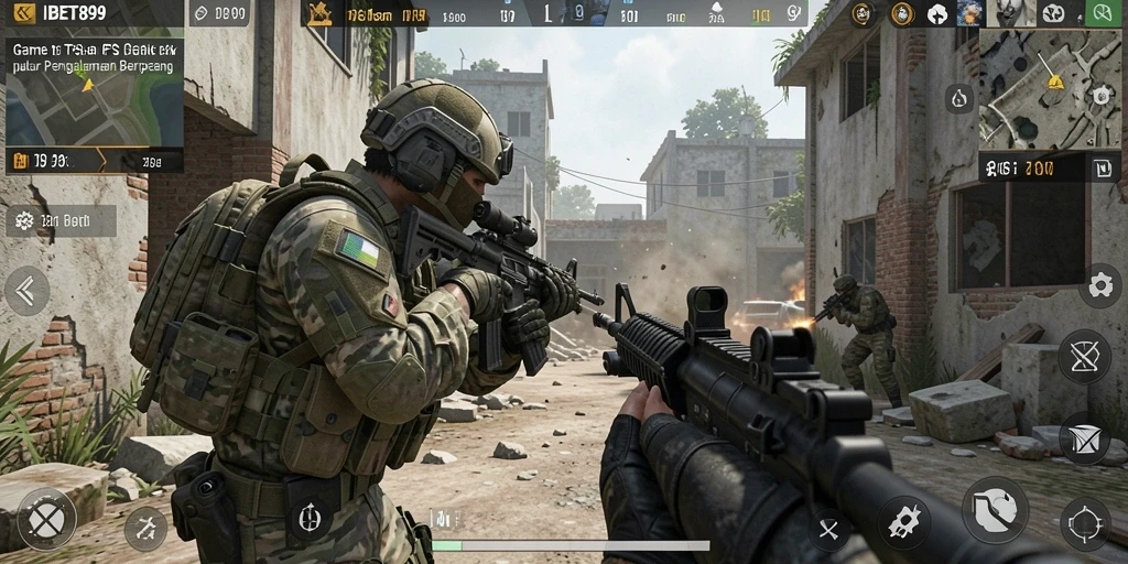 Tangkapan layar menunjukkan aksi intens dalam gameplay FPS IBET899.