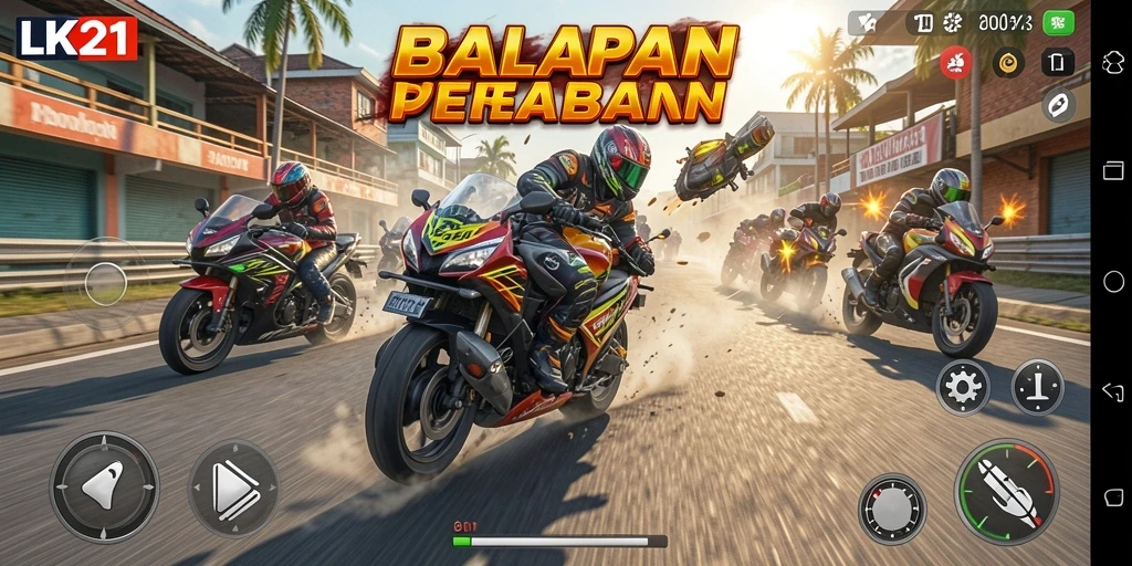 Screenshot gameplay LK21 yang menunjukkan aksi balapan motor yang mendebarkan.