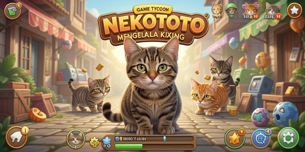 Screenshot gameplay NEKOTOTO dengan kucing lucu dalam pet shop.