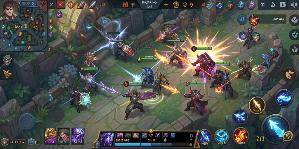 Tampilan screenshot RAJAKING menampilkan pertempuran seru di arena.