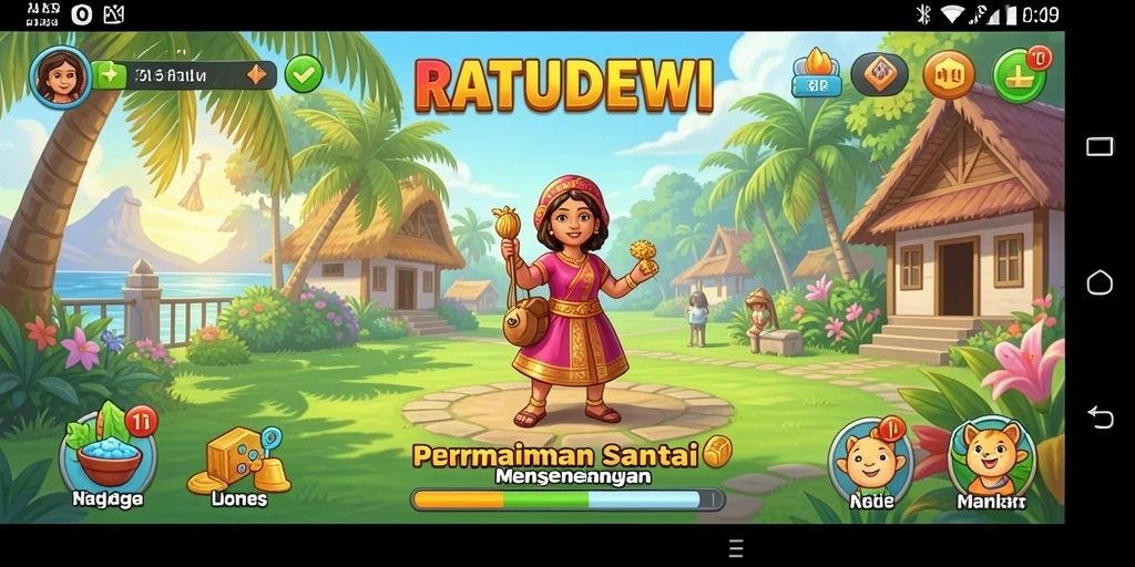 Screenshot menunjukkan gameplay seru RATUDEWI dengan grafis cerah.